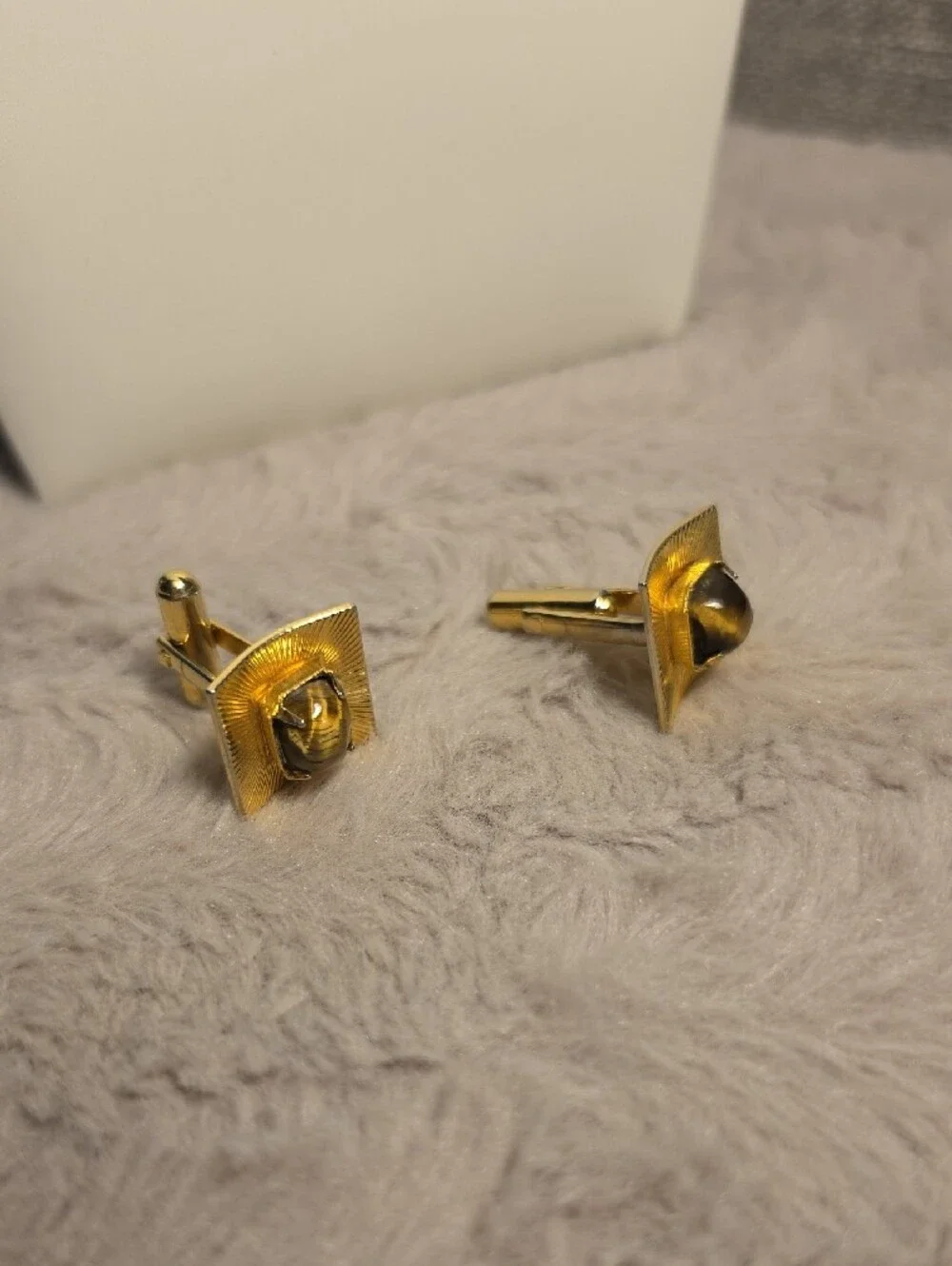 Gold-tone Square Finish Cufflinks with a Polished Tigereye Cabachon